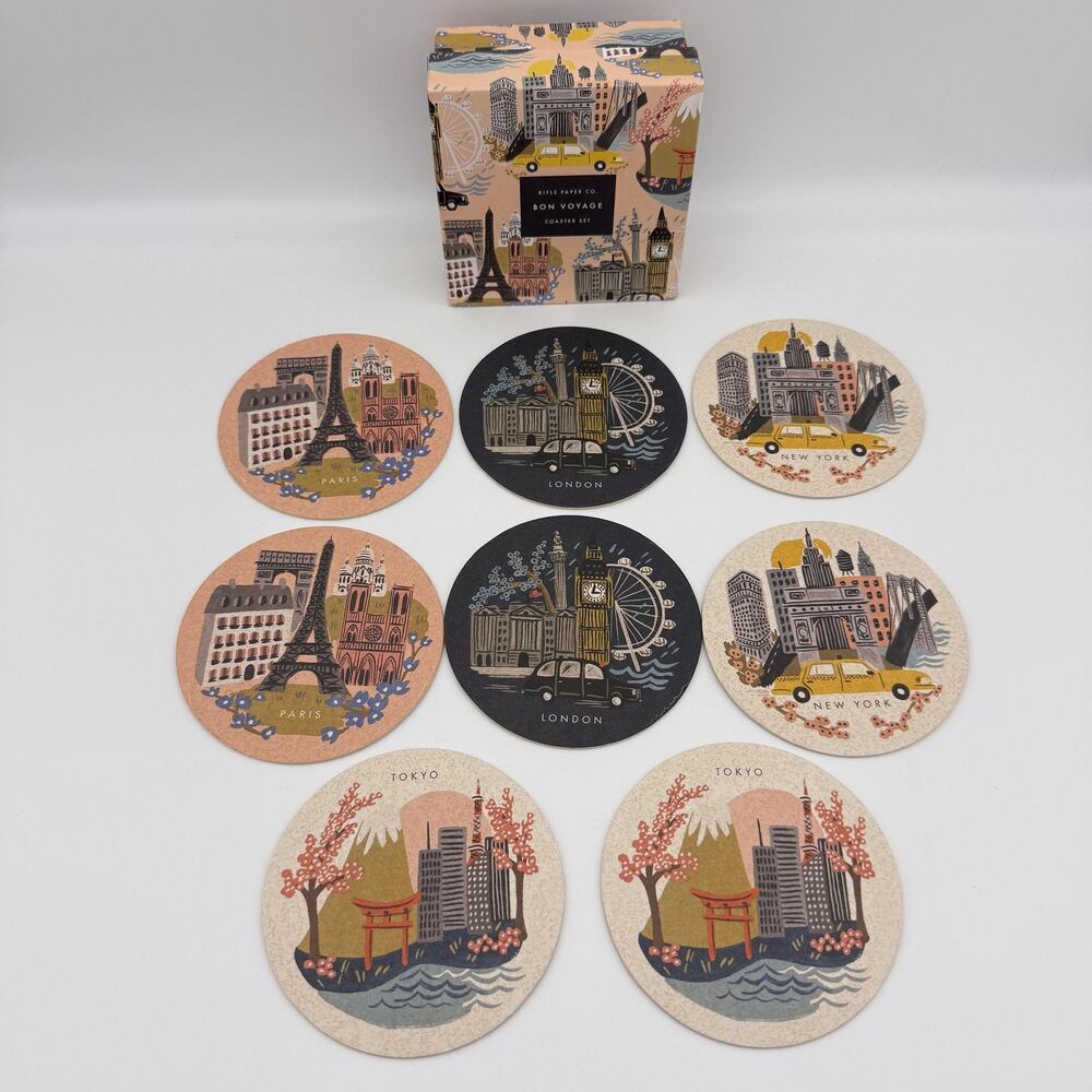 Rifle Paper Co Bon Voyage Coaster Set 8 Paper Travel Cities Gift Paris NY Tokyo